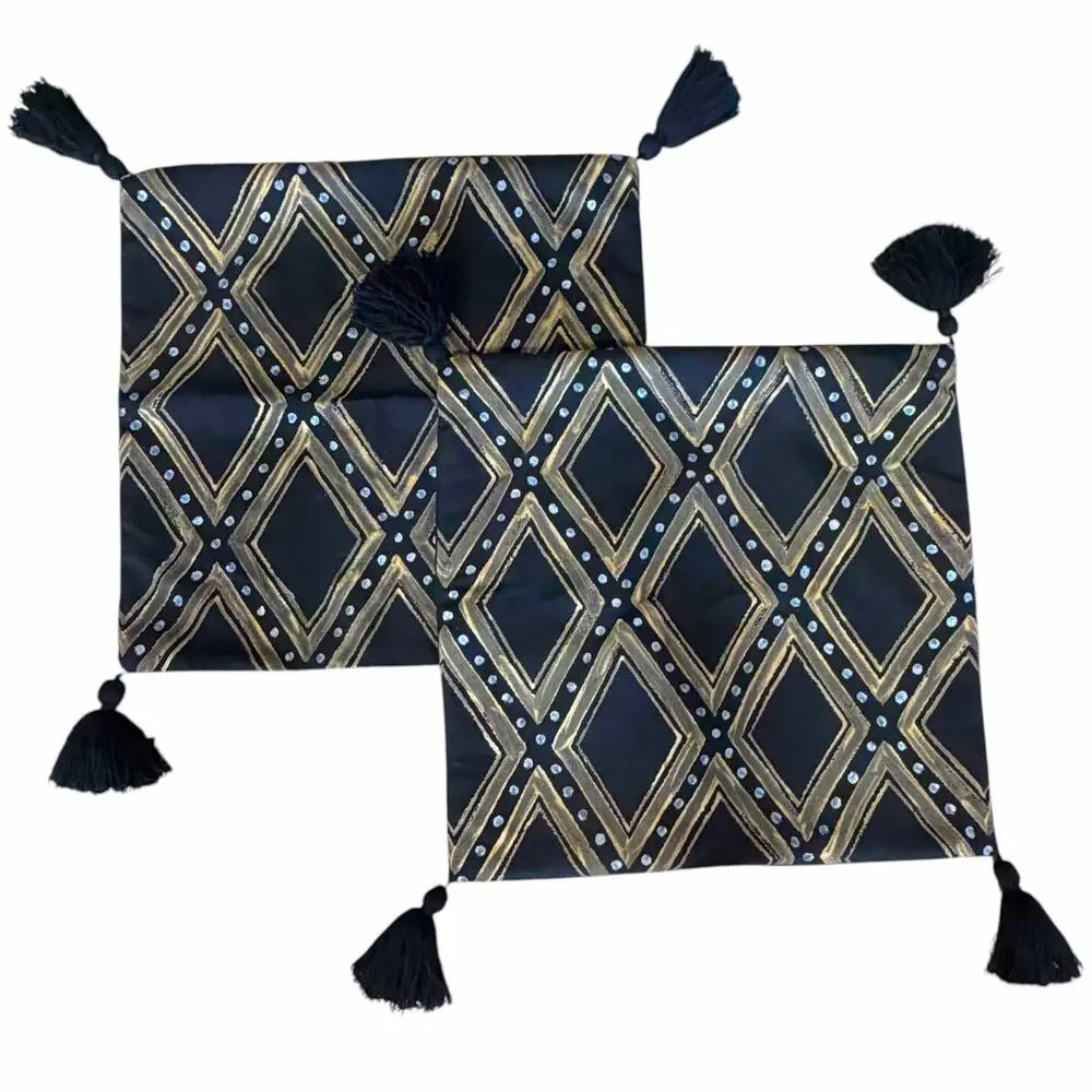 Frontgate Black Gold Geometric Pillow Covers Set 2 Tassel Diamond Regency Boho
